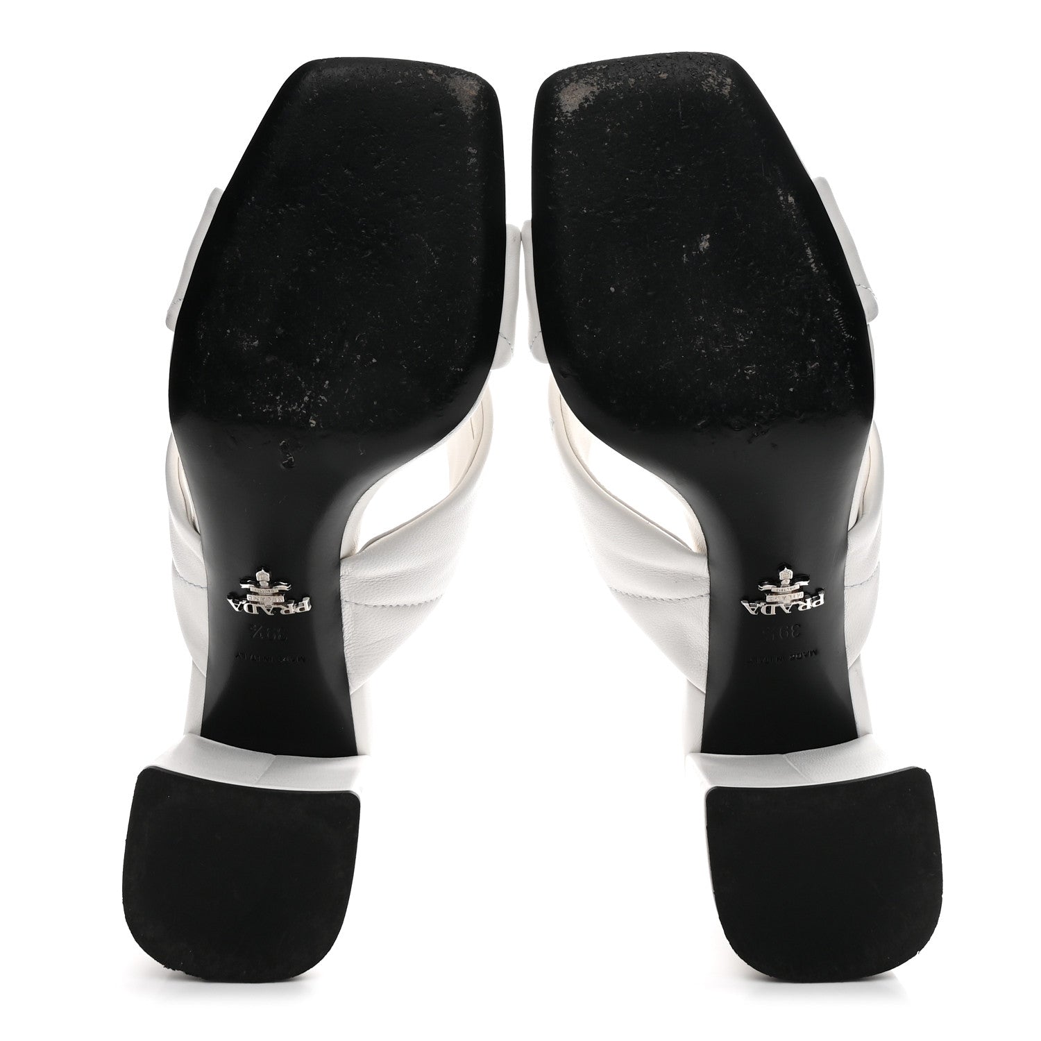 Prada Nappa Logo Quilted Crisscross 65mm Block Heel Slide Sandals 39.5 White