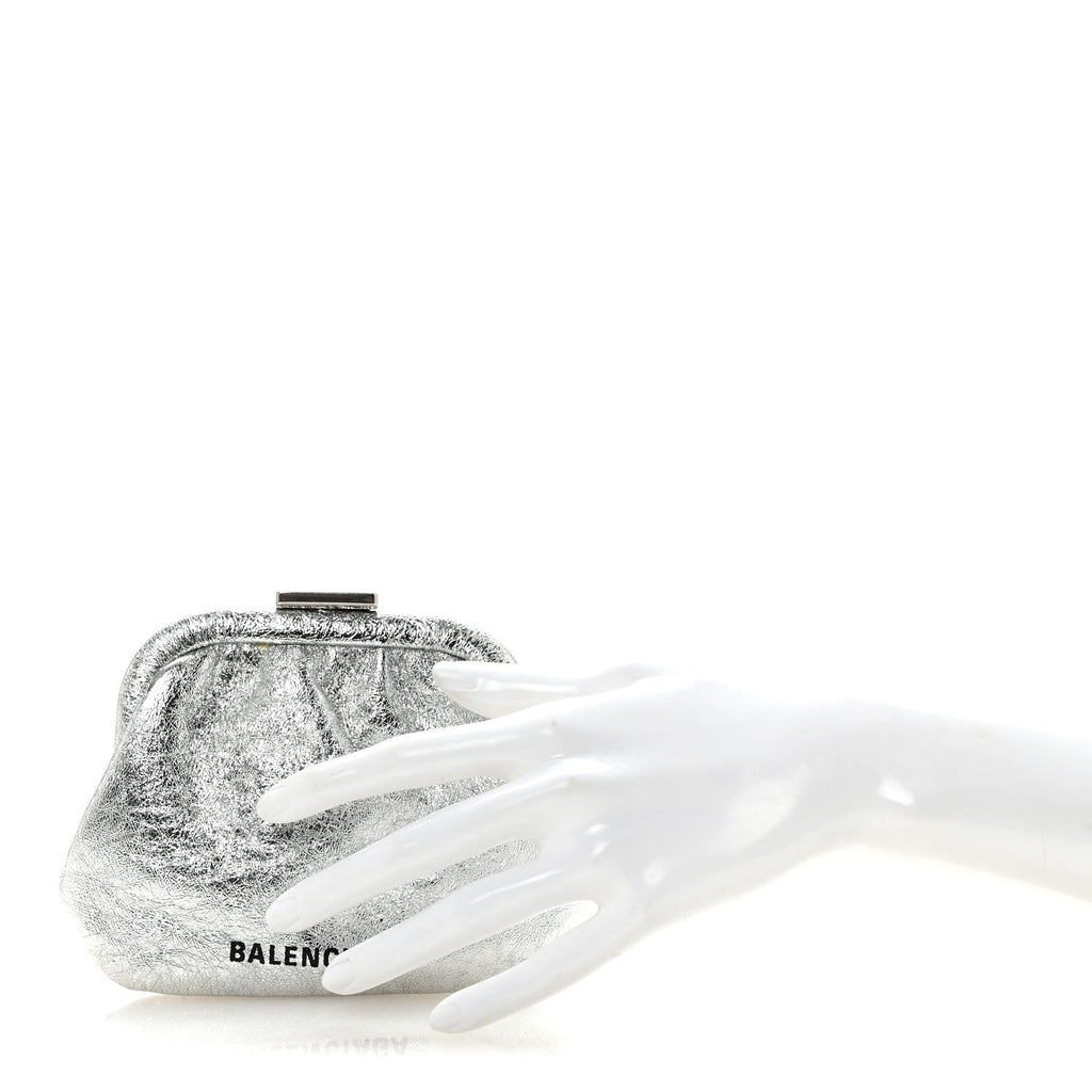 Balenciaga Metallic Textured Calfskin Logo Cloud Coin Purse With Strap Silver