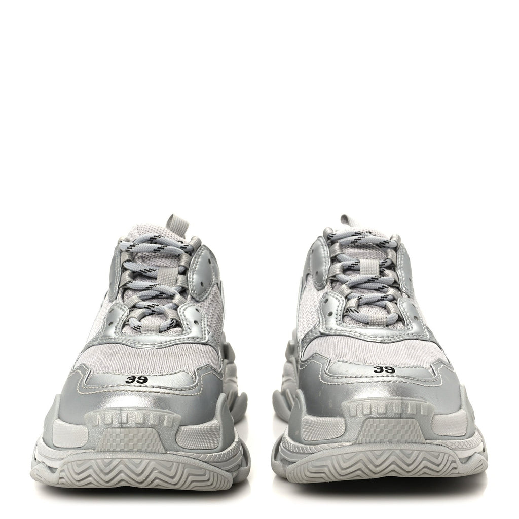 Balenciaga Metallic Fabric Mesh Womens Triple S Sneakers 39 Silver