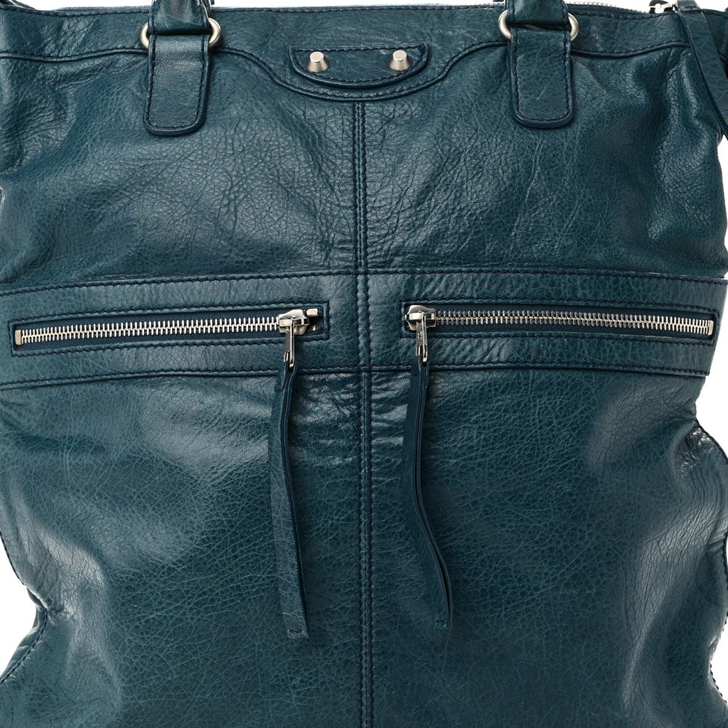 Balenciaga Agneau Classic Silver Hardware Square Tote Bleu Mineral