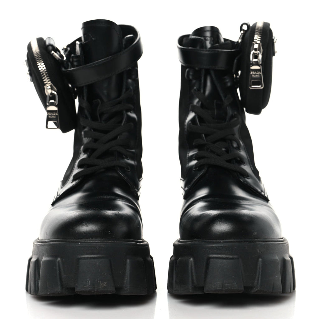 Prada Spazzolato Rois Nylon Metal Triangle Logo Monolith Pouch Pocket 55mm Boots 39 Black
