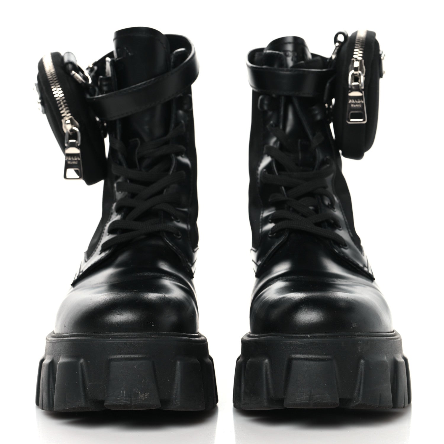 Prada Spazzolato Rois Nylon Metal Triangle Logo Monolith Pouch Pocket 55mm Boots 39 Black