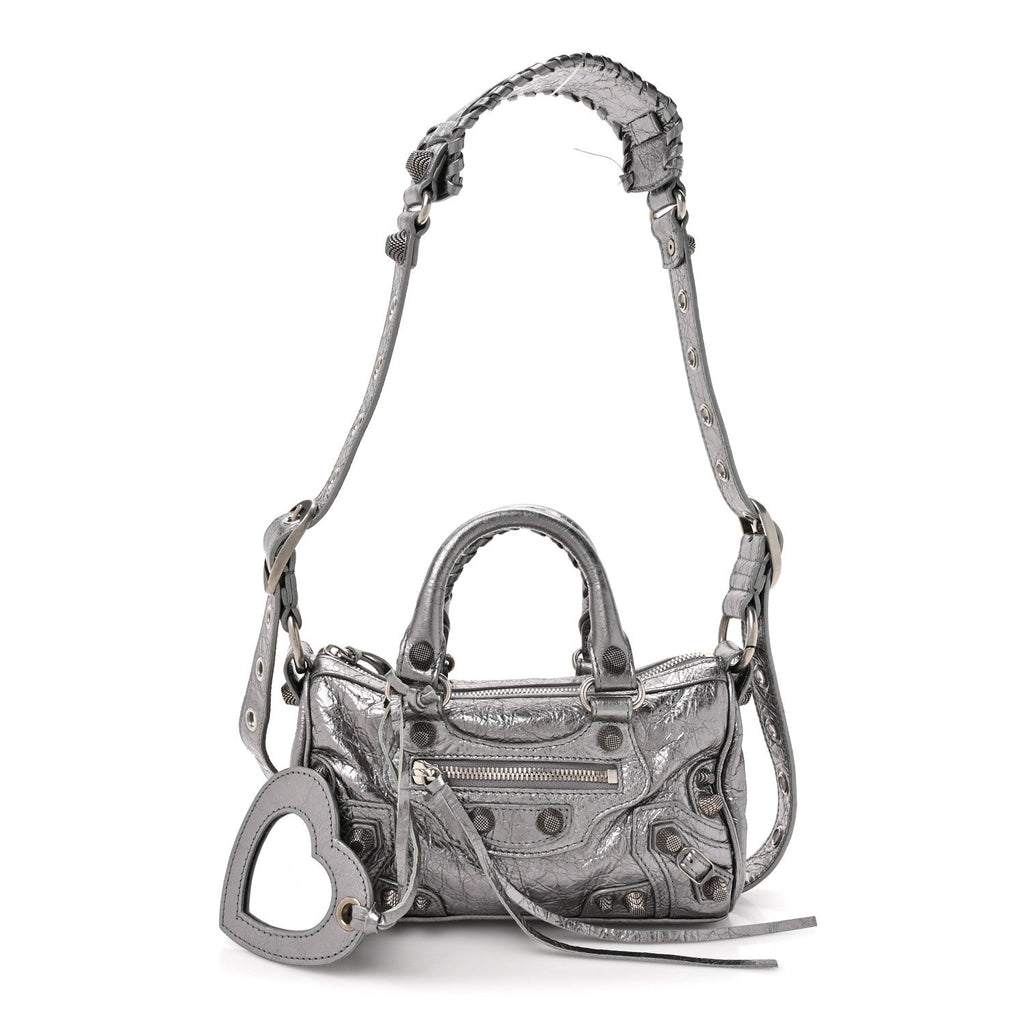 Balenciaga Metallic Agneau Arena Mini Le Cagole Duffle Crossbody Bag Silver