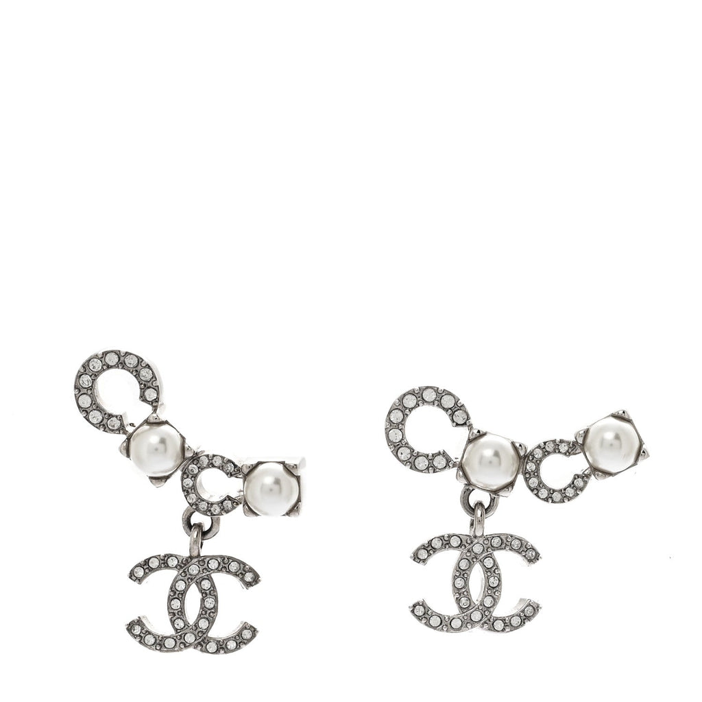 Chanel Metal Crystal Pearl Coco CC Earrings Silver