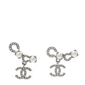 Chanel Metal Crystal Pearl Coco CC Earrings Silver