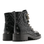 Chanel Shiny Calfskin Quilted Lace Up Combat Boots 39 Black
