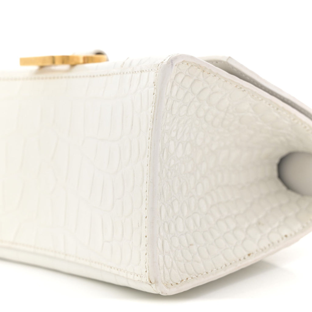 Balenciaga Calfskin Crocodile Embossed Small Hourglass Top Handle Bag White