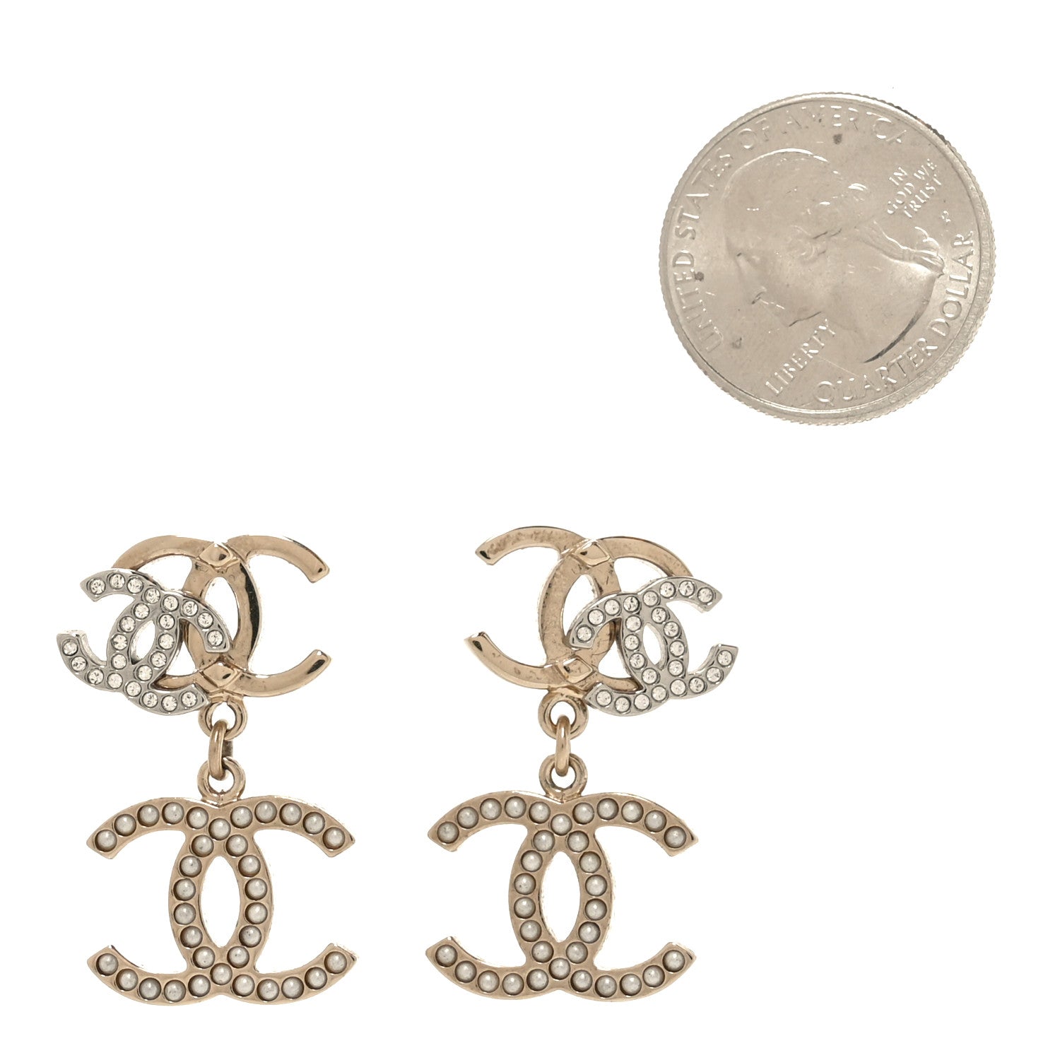 Chanel Crystal Pearl Double CC Drop Earrings Gold Silver