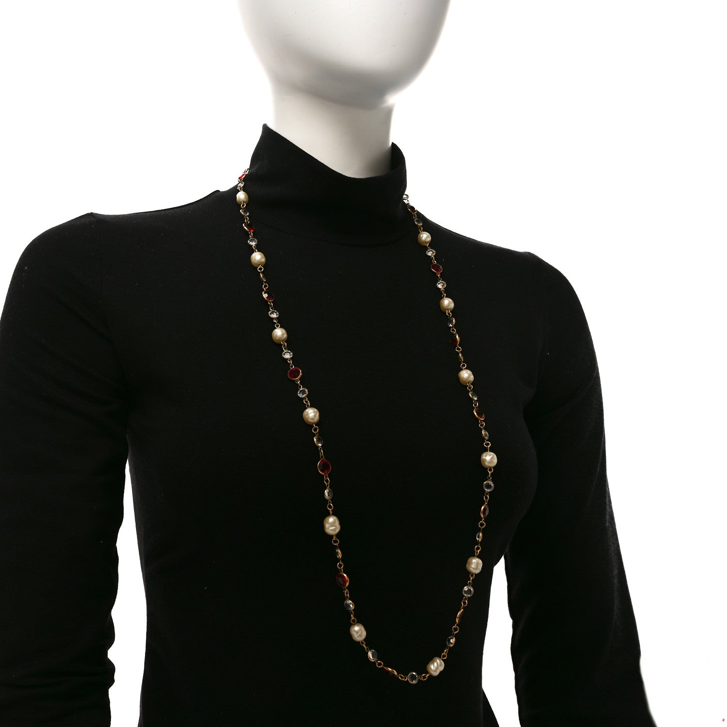 Chanel Crystal Pearl Chicklet Sautoir Necklace Red Gold