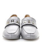 Chanel Shiny Calfskin Logo Loafers 37 Light Grey