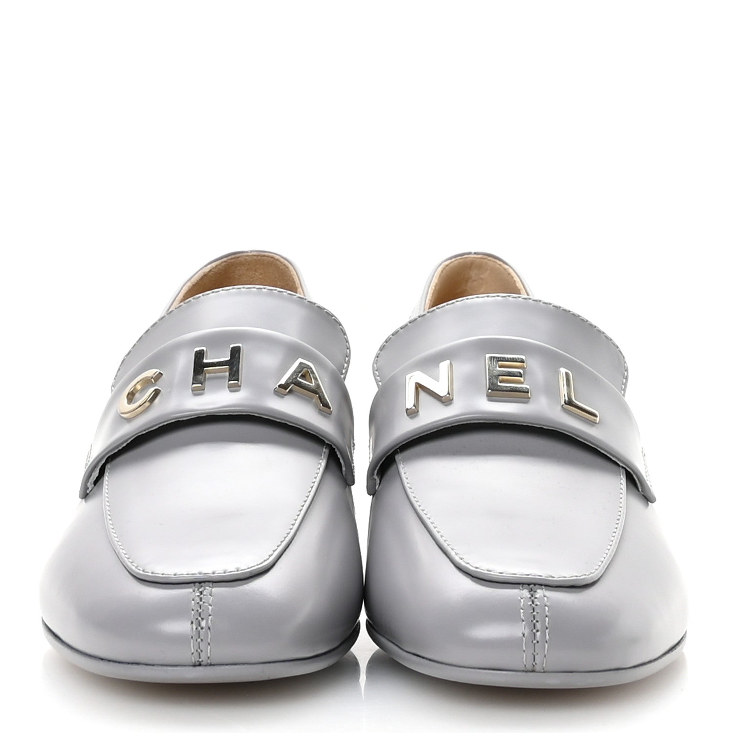 Chanel Shiny Calfskin Logo Loafers 37 Light Grey