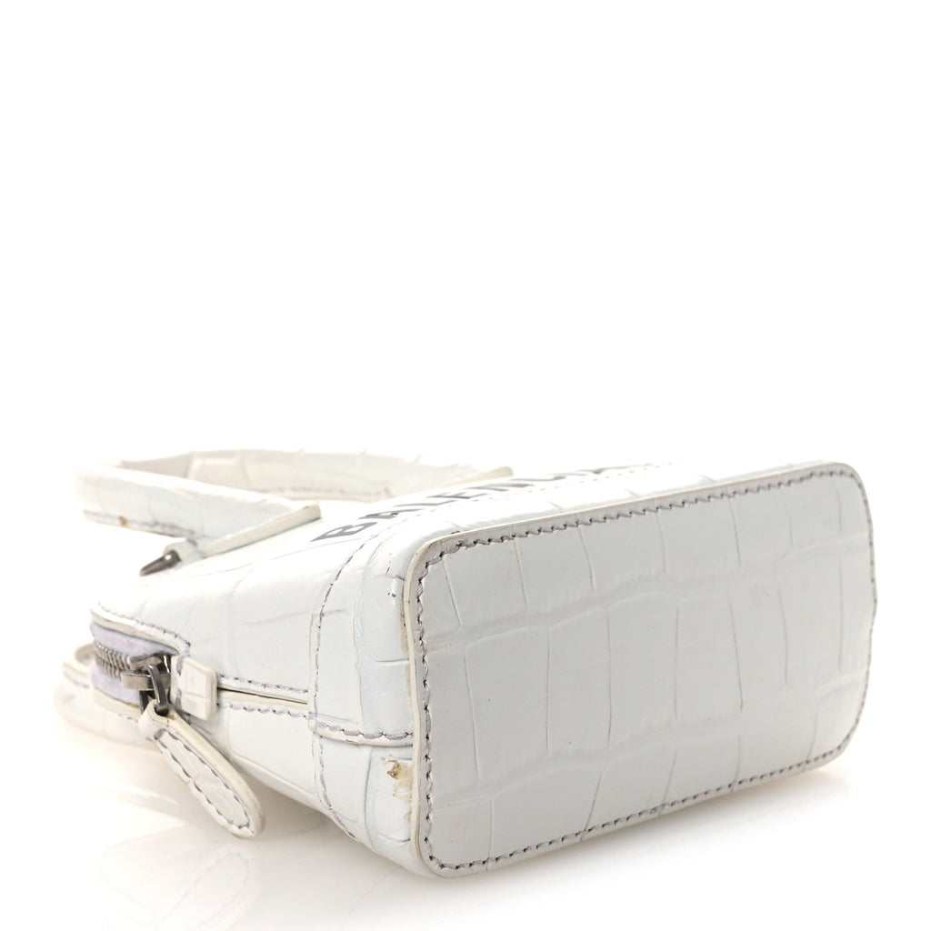 Balenciaga Calfskin Logo Crocodile Embossed Mini Ville Top Handle Bag White Black