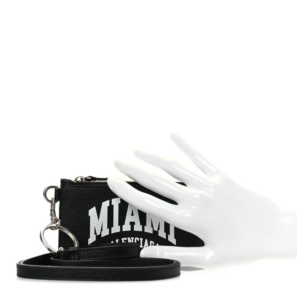 Balenciaga Grained Calfskin Miami Logo Cash Coin Card Holder On Keychain Black
