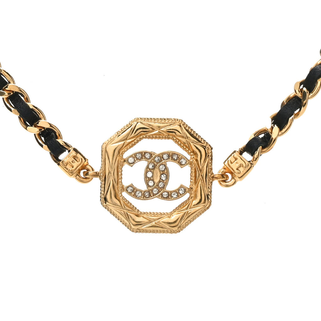 Chanel Metal Calfskin Crystal Chain CC Choker Necklace Black Gold