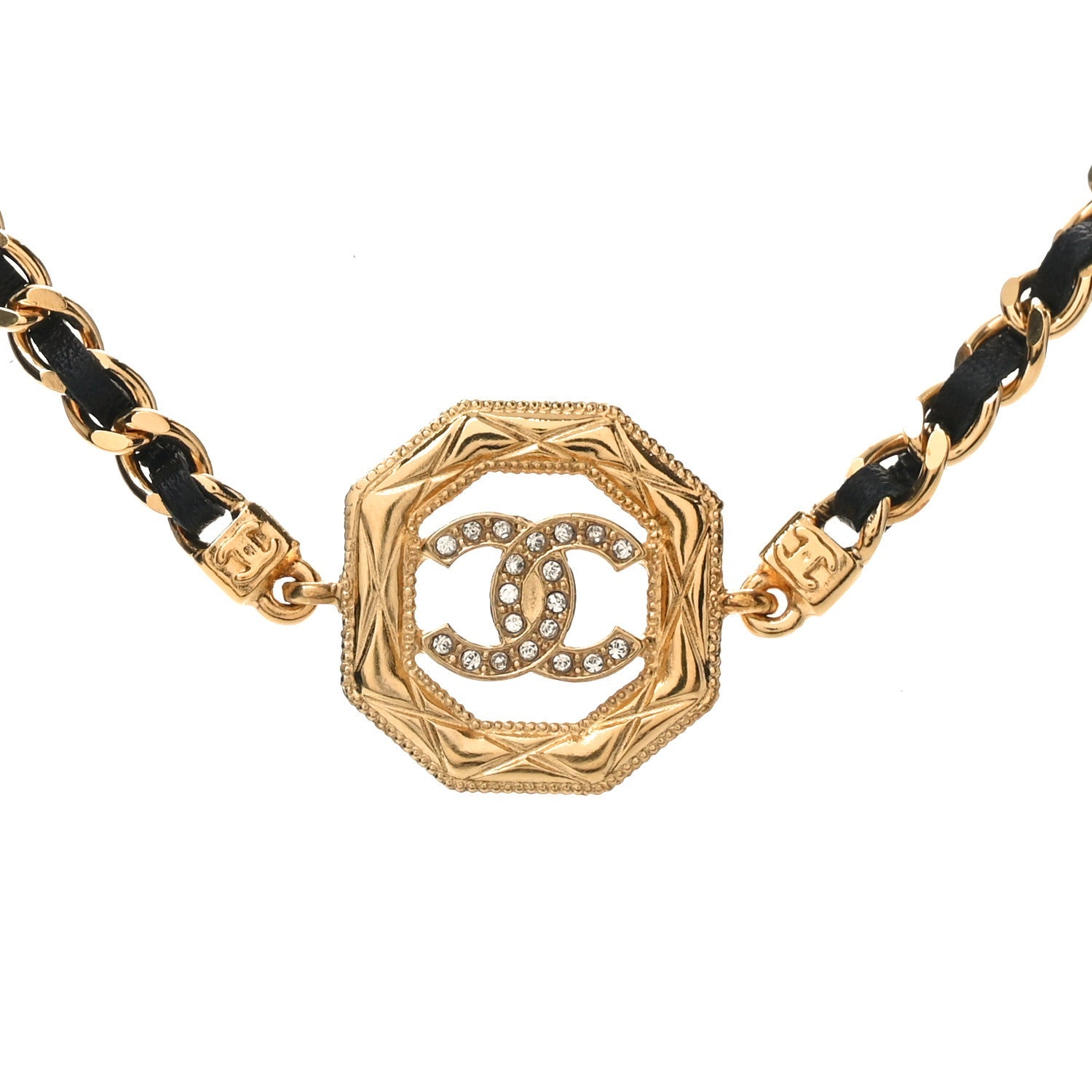 Chanel Metal Calfskin Crystal Chain CC Choker Necklace Black Gold