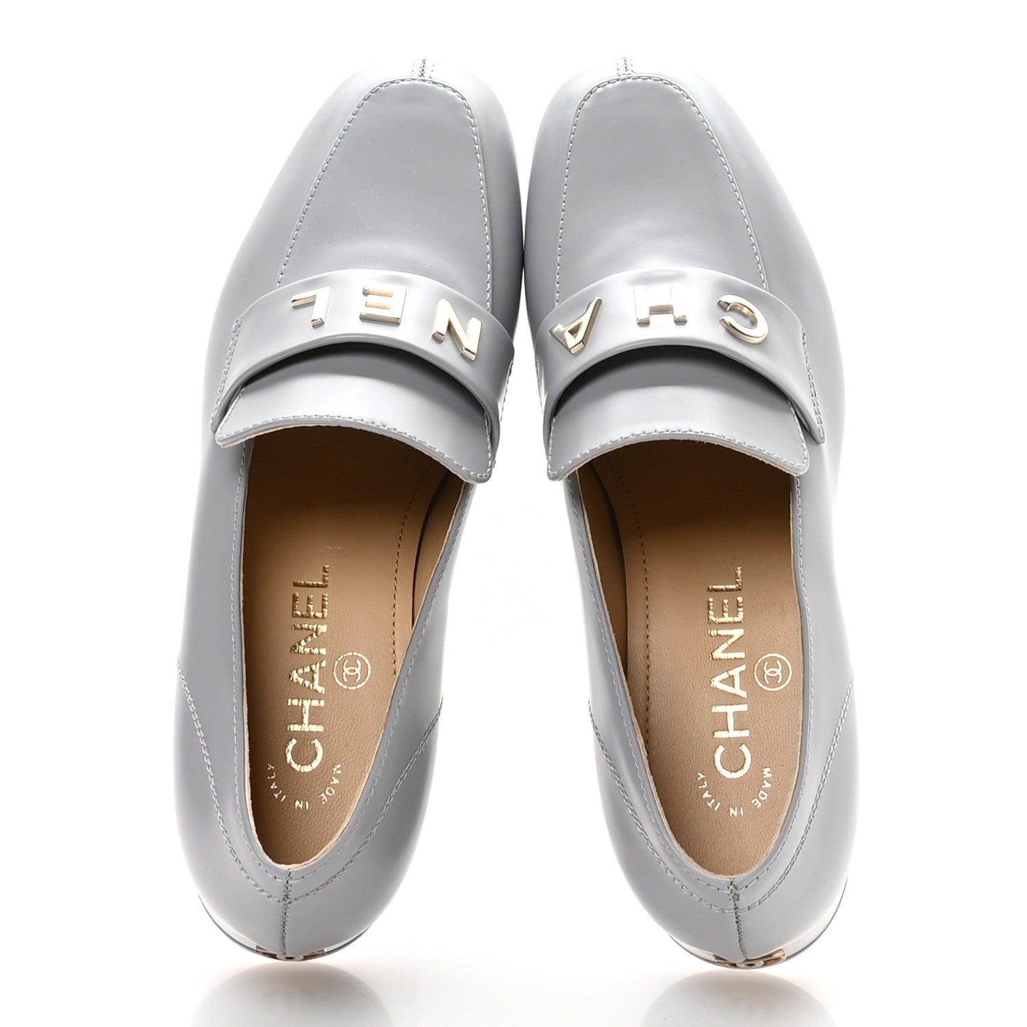 Chanel Shiny Calfskin Logo Loafers 37 Light Grey