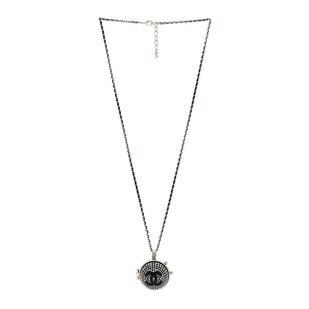 Chanel Resin Crystal Lambskin Ball Mirror Necklace Black Silver