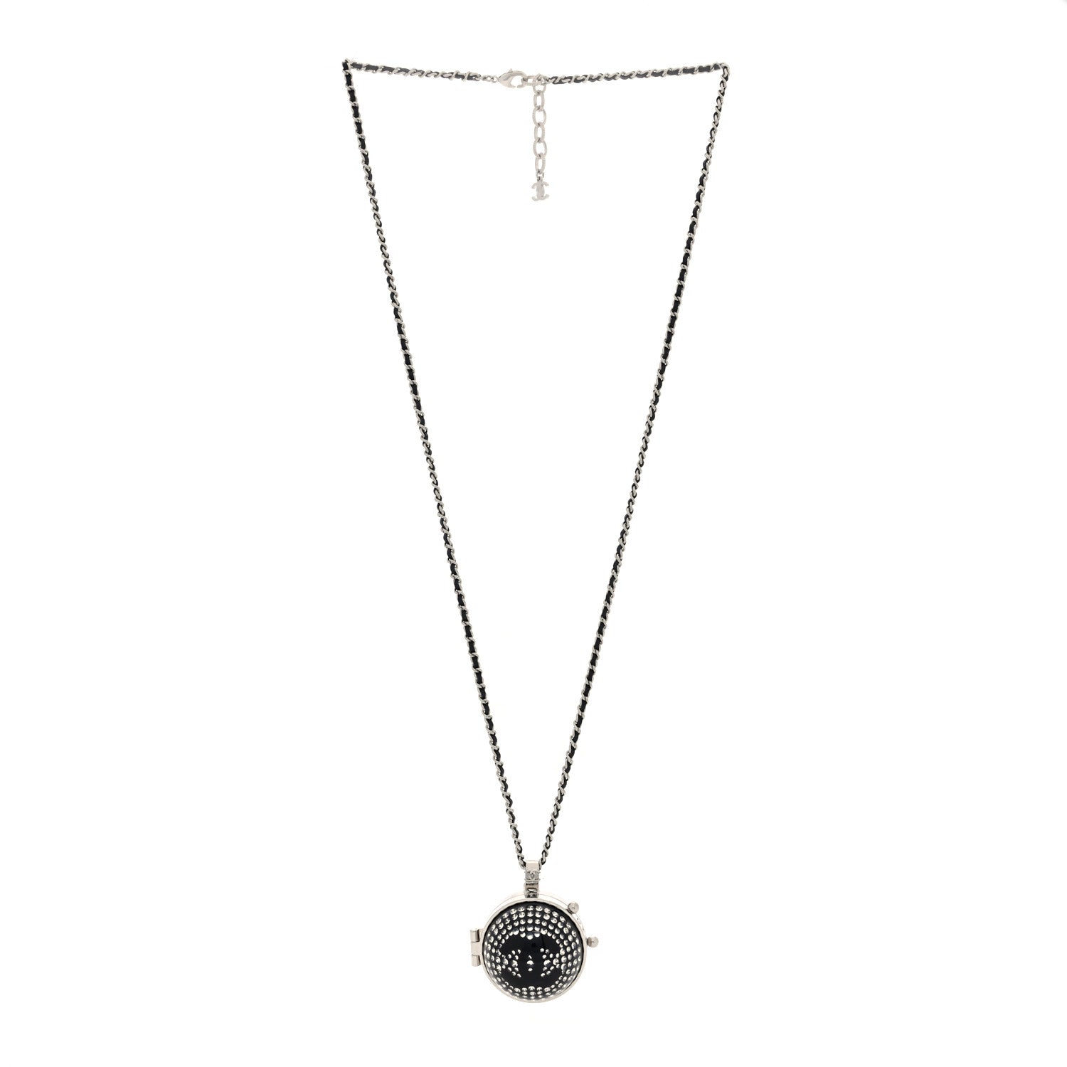 Chanel Resin Crystal Lambskin Ball Mirror Necklace Black Silver