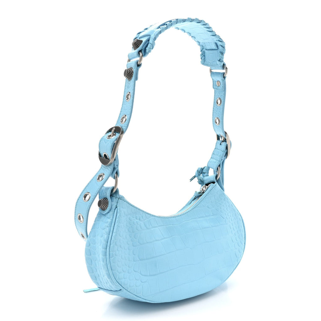 Balenciaga Extra Supple Calfskin Crocodile Embossed Le Cagole Shoulder Bag XS Sky Blue