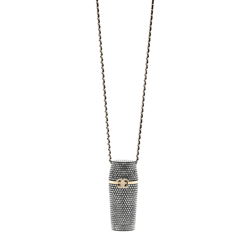 Chanel Metal Resin Lambskin Crystal Lipstick Case Long Necklace On Chain Silver Black Gold