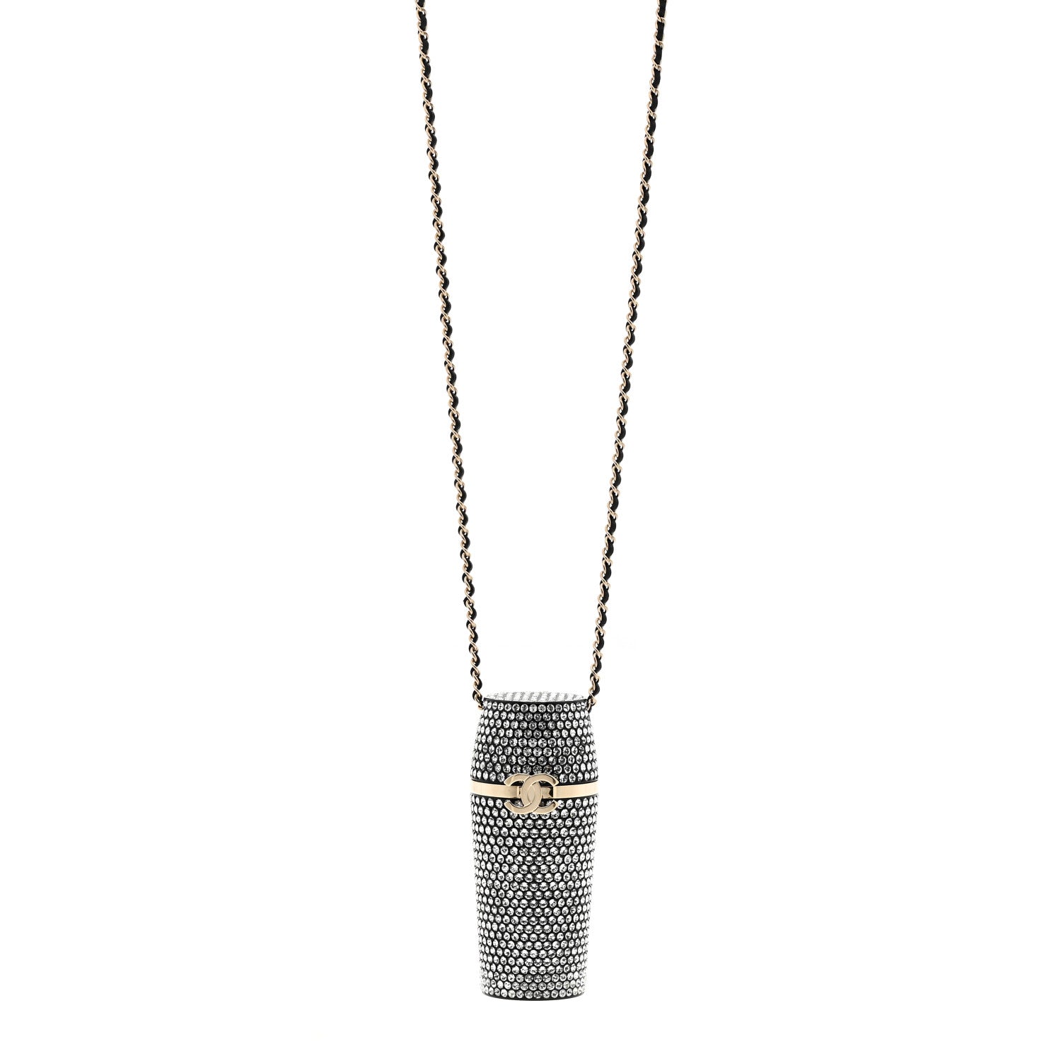 Chanel Metal Resin Lambskin Crystal Lipstick Case Long Necklace On Chain Silver Black Gold
