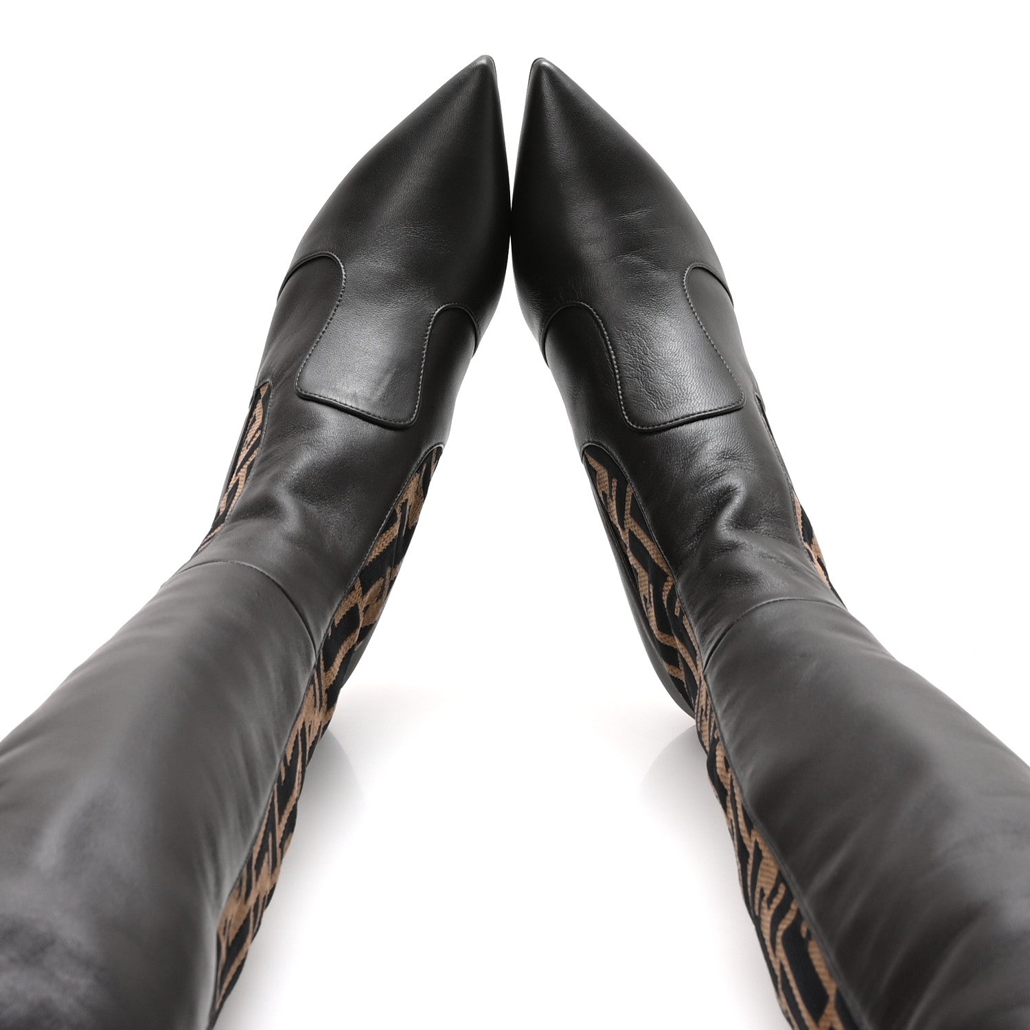 Fendi Nappa Microfiber Fabric FF Rockoko Thigh High Boots 37 Ebano Tobacco Black