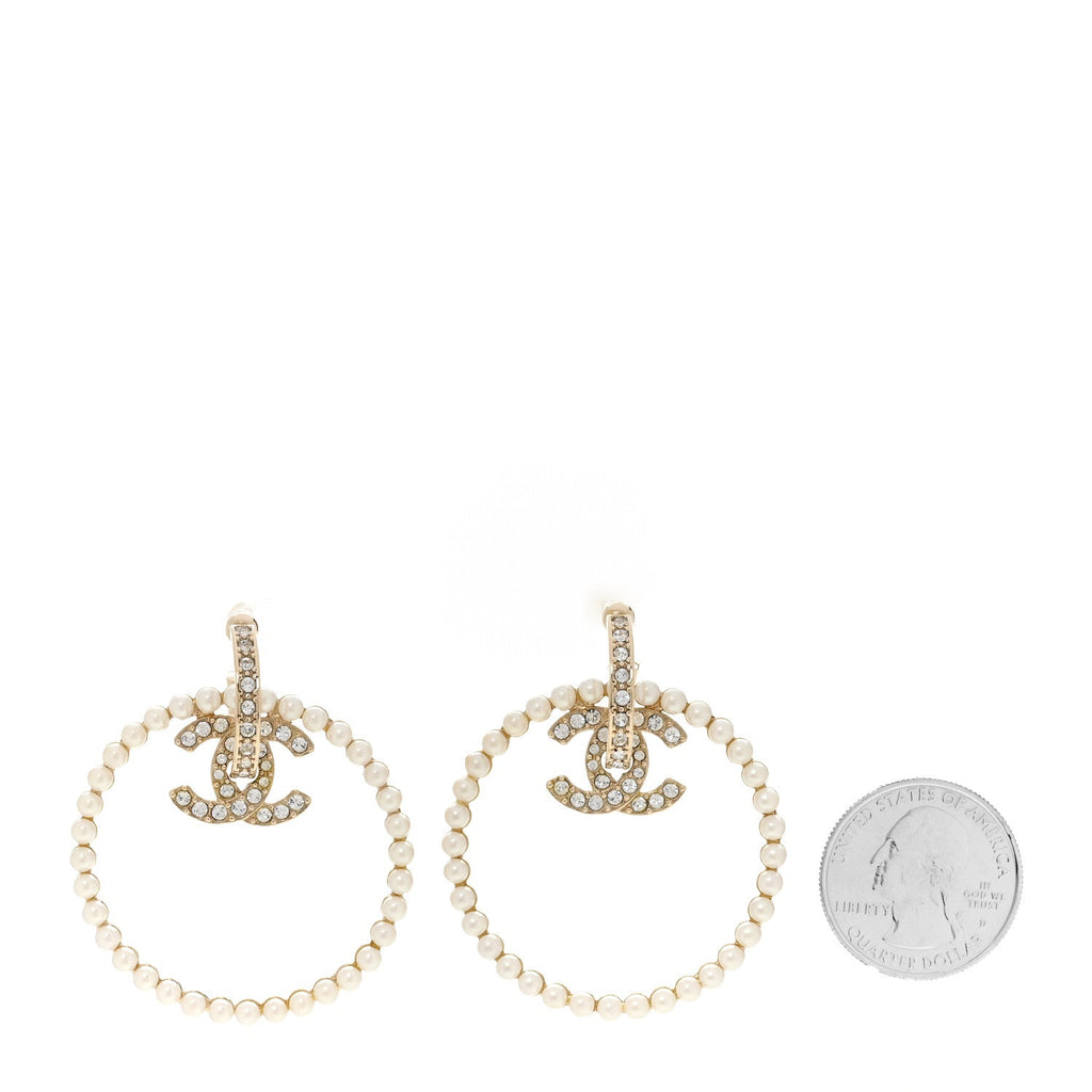 Chanel Crystal Pearl CC Door Knocker Hoop Earrings Gold Pearly White
