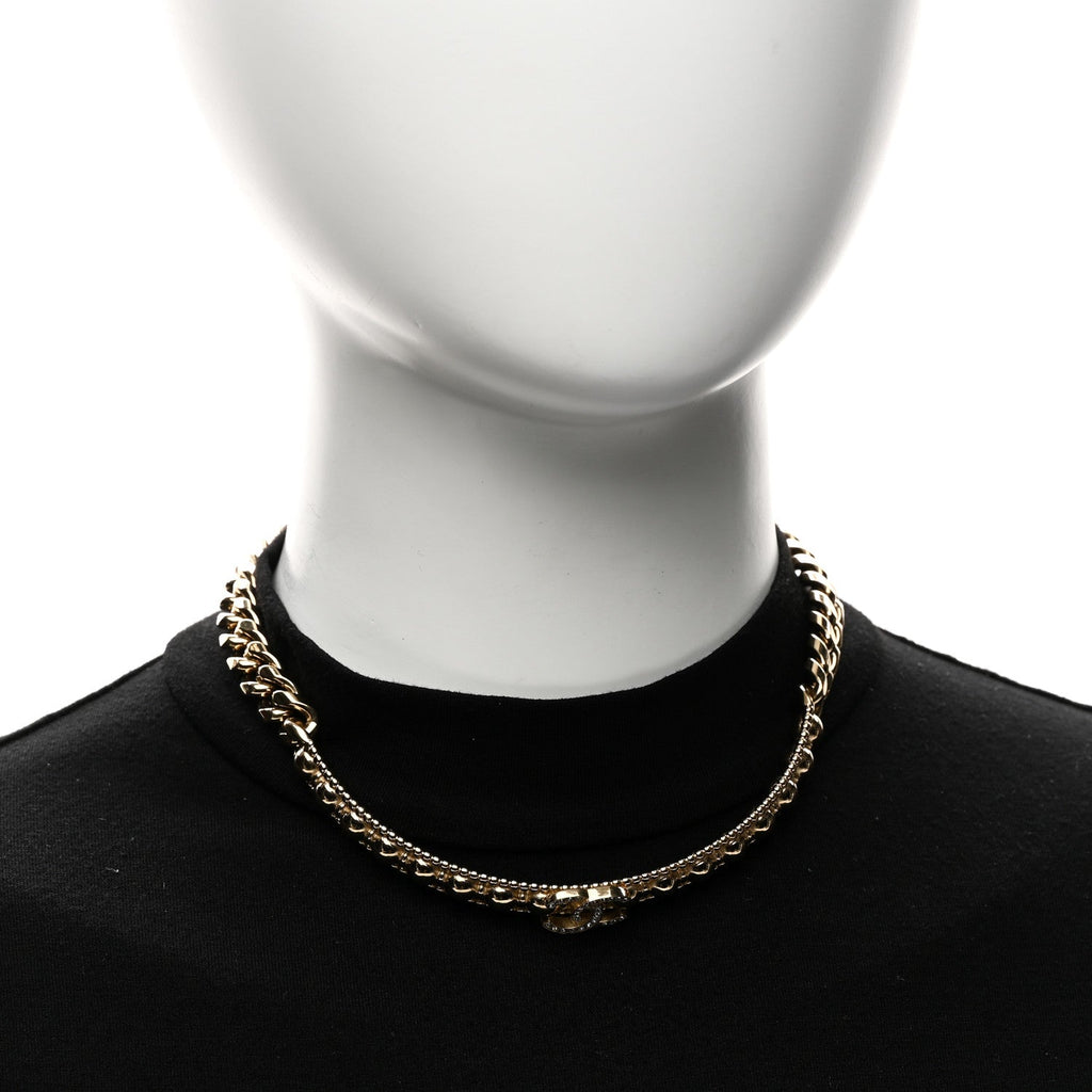 Chanel Metal Crystal Bead Chain Link CC Choker Necklace Gold