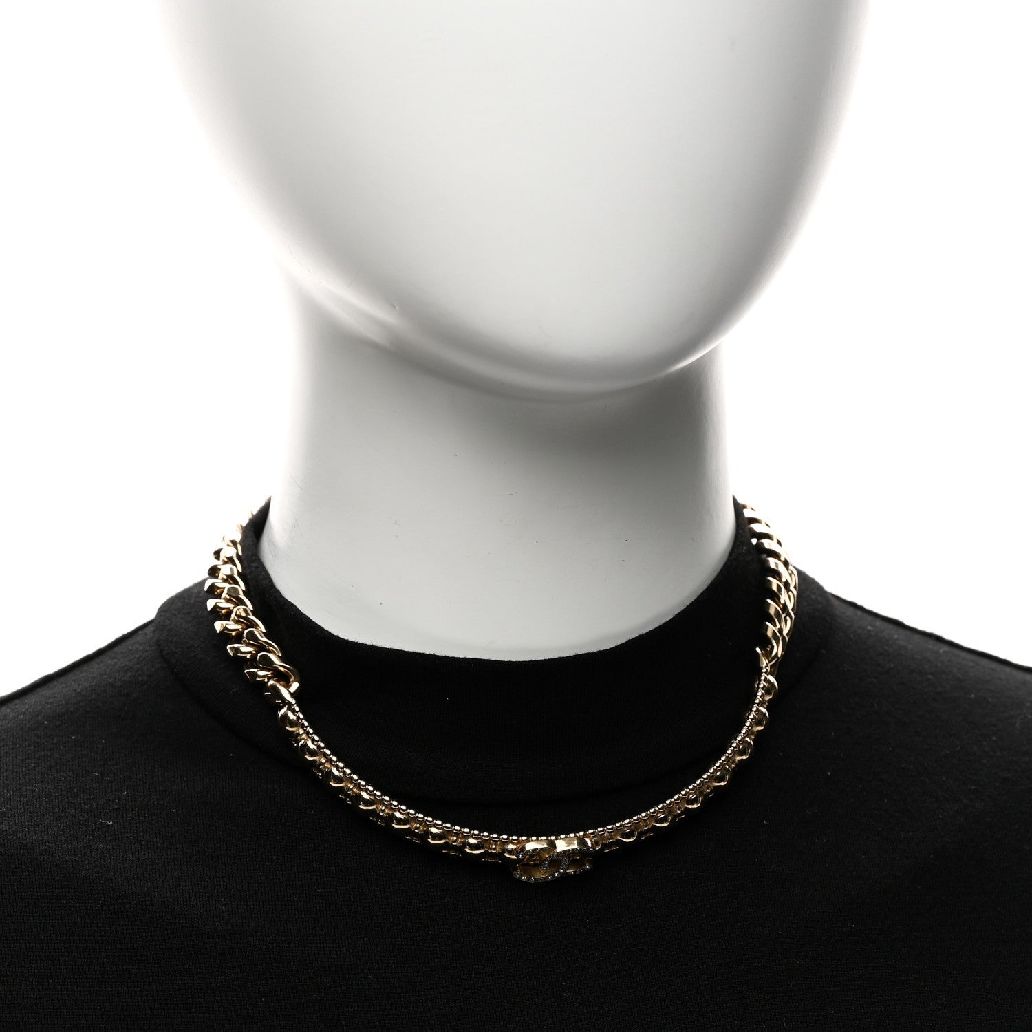Chanel Metal Crystal Bead Chain Link CC Choker Necklace Gold