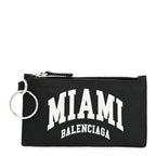 Balenciaga Grained Calfskin Miami Logo Cash Coin Card Holder On Keychain Black