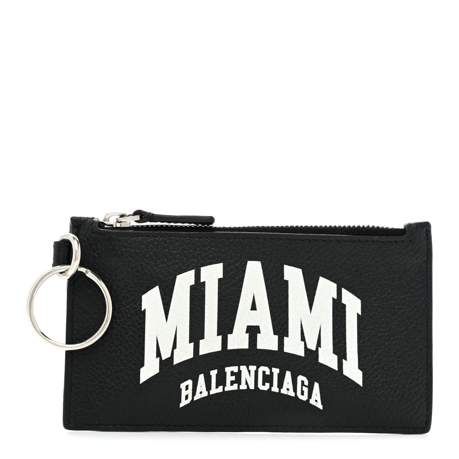 Balenciaga Grained Calfskin Miami Logo Cash Coin Card Holder On Keychain Black