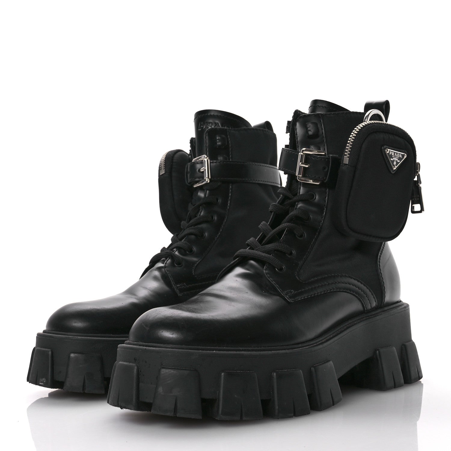 Prada Spazzolato Rois Nylon Metal Triangle Logo Monolith Pouch Pocket 55mm Boots 38.5 Black