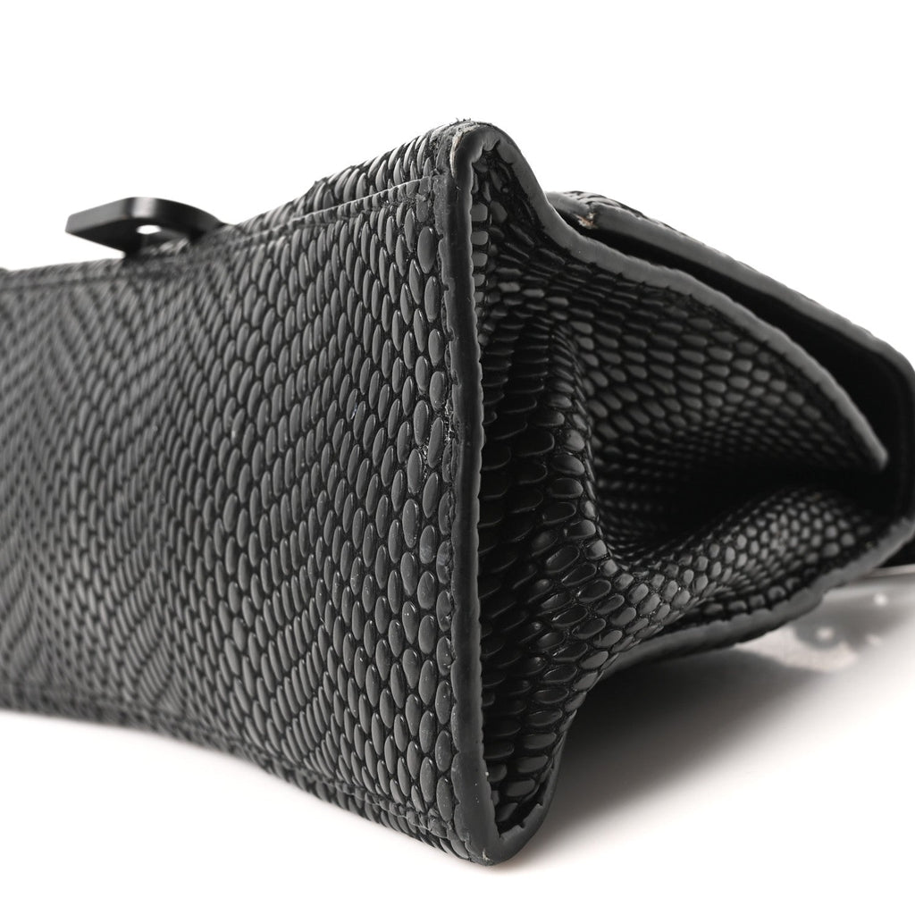 Balenciaga Matte Calfskin Snake Embossed Tonal B Small Hourglass Top Handle Bag Black
