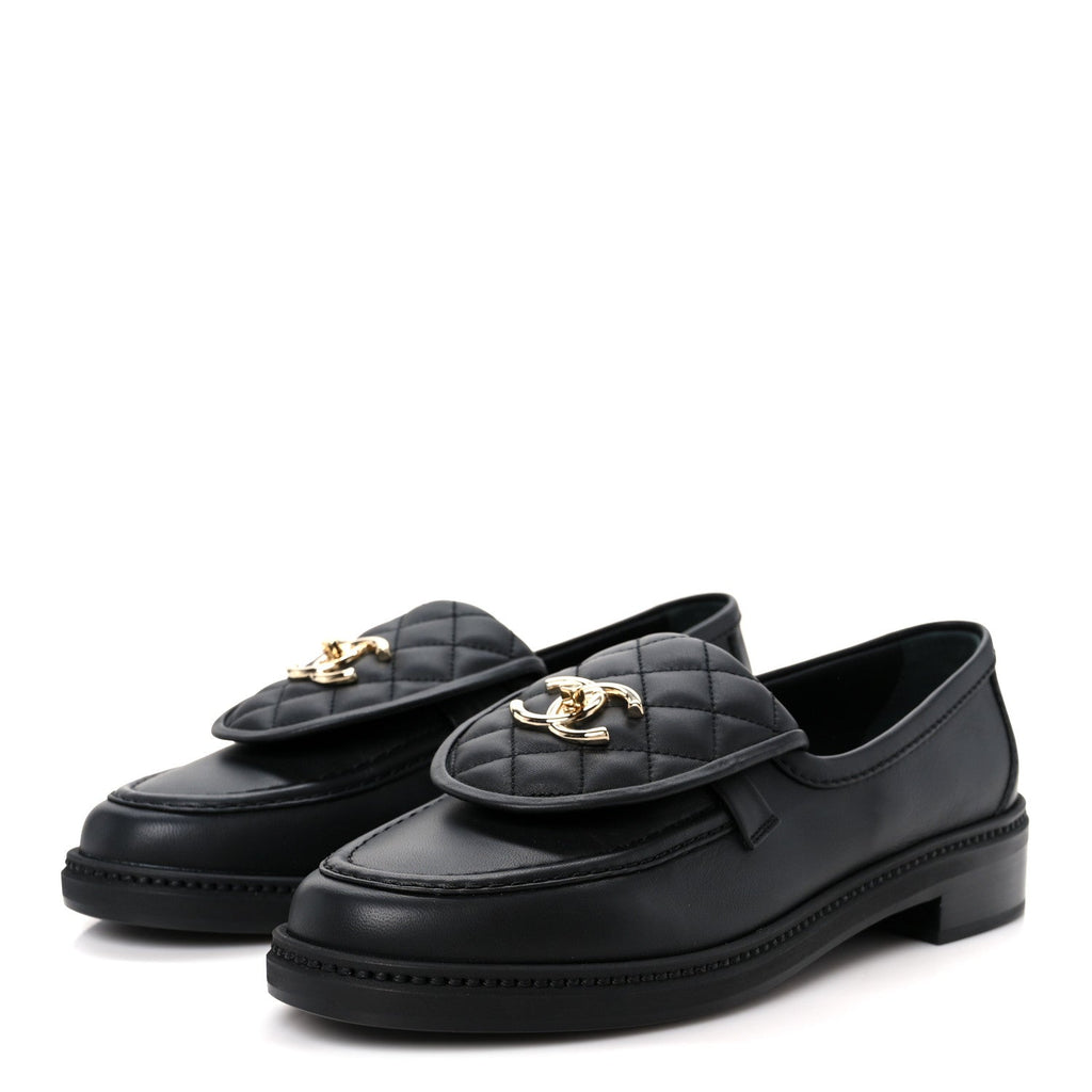 Chanel Lambskin Quilted CC Turnlock Loafers 39 Black