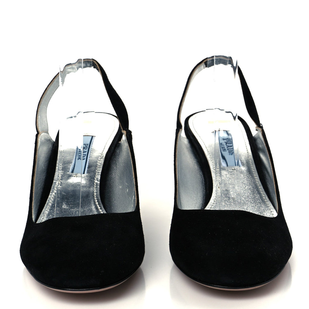Prada Suede Crystal Block Heel Slingback Pump 37 Black