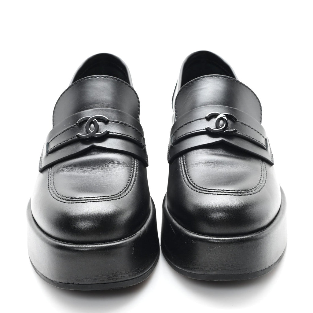 Chanel Calfskin CC Platform Loafers 38 Black