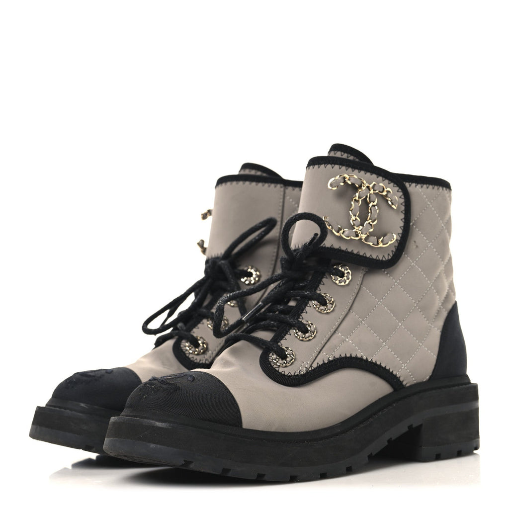 Chanel Fabric Grosgrain Lambskin Quilted Lace Up Combat Boot 36 Gray