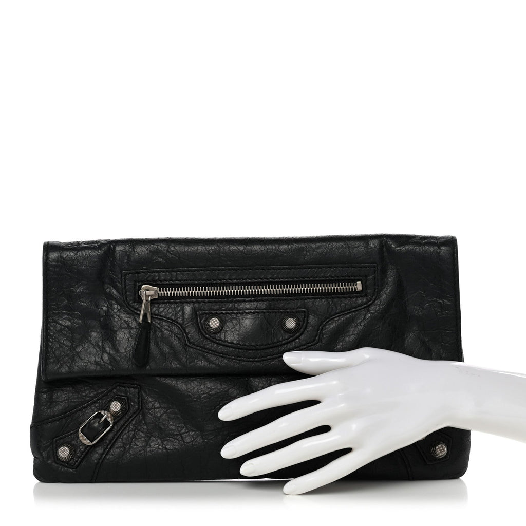 Balenciaga Agneau Giant 12 Silver Hardware Envelope Clutch Black