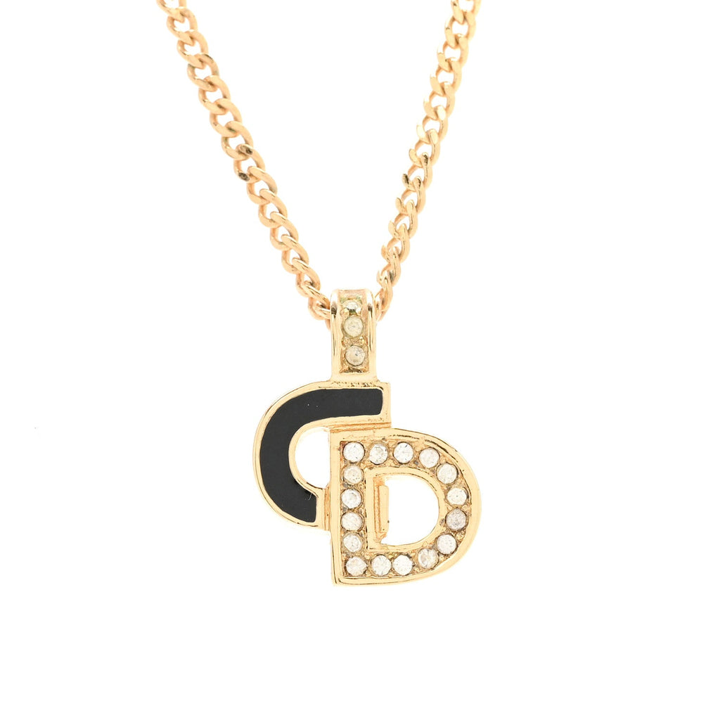 Christian Dior Metal Crystal Enamel CD Necklace Gold Black