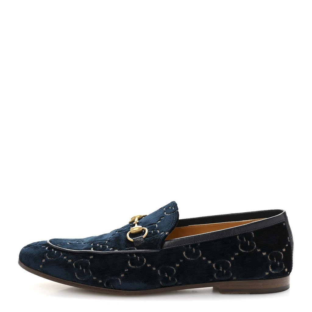Gucci Velvet GG Monogram Horsebit Mens Jordaan Loafers 8.5 Blue Beige