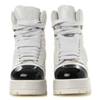 Chanel Crumpled Patent Lambskin Calfskin Quilted Lace Up Combat Boots 37 White Black