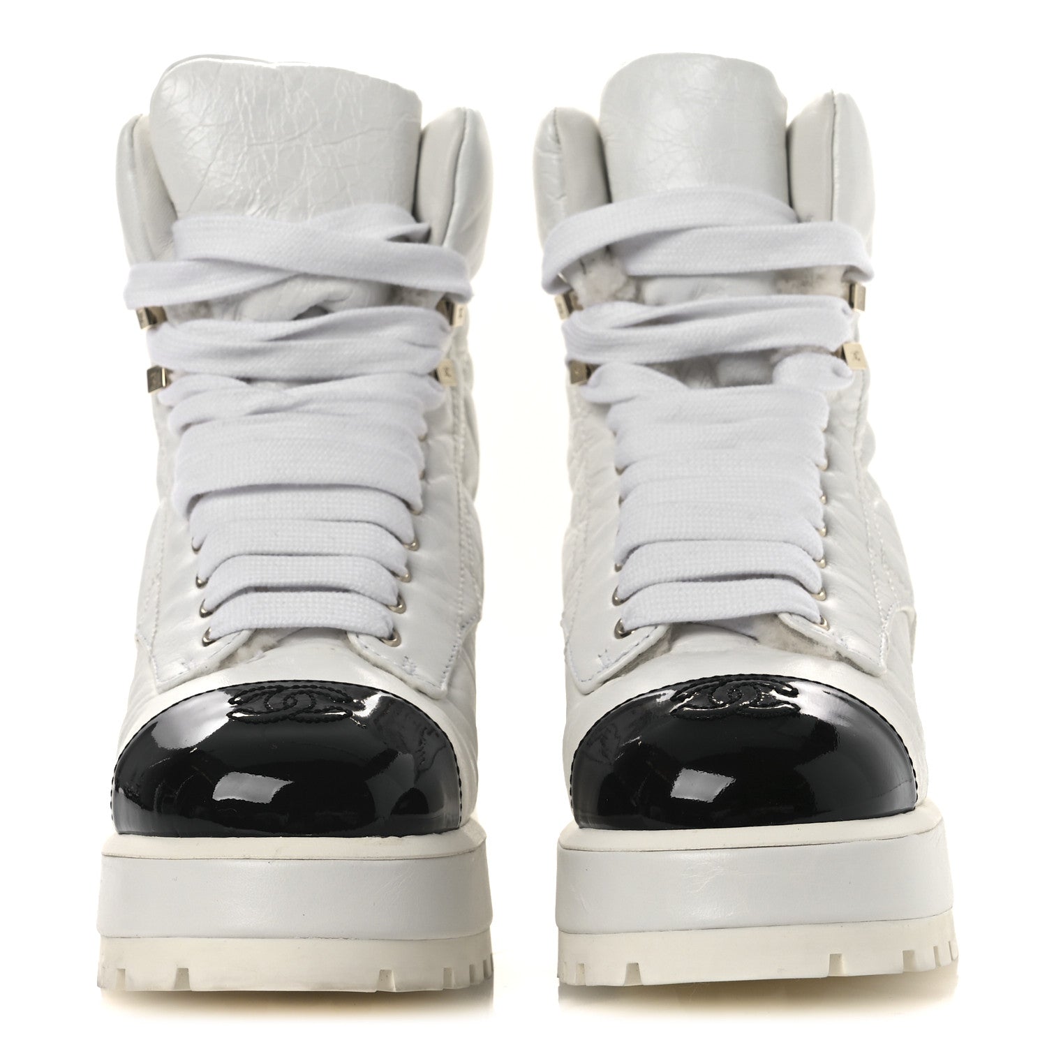 Chanel Crumpled Patent Lambskin Calfskin Quilted Lace Up Combat Boots 37 White Black