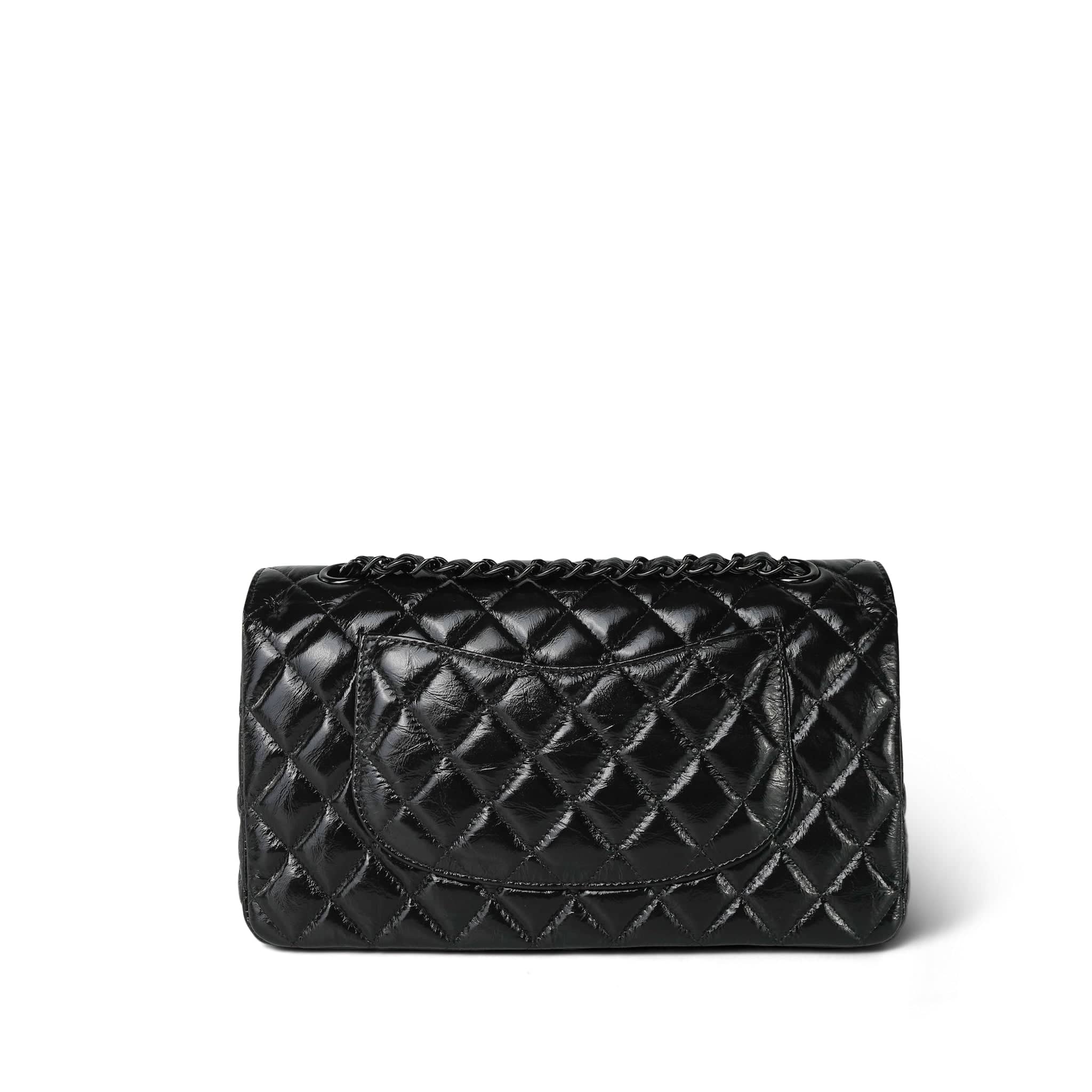 Chanel So Black Shiny Crumpled Calfskin Quilted Medium Classic Flap
