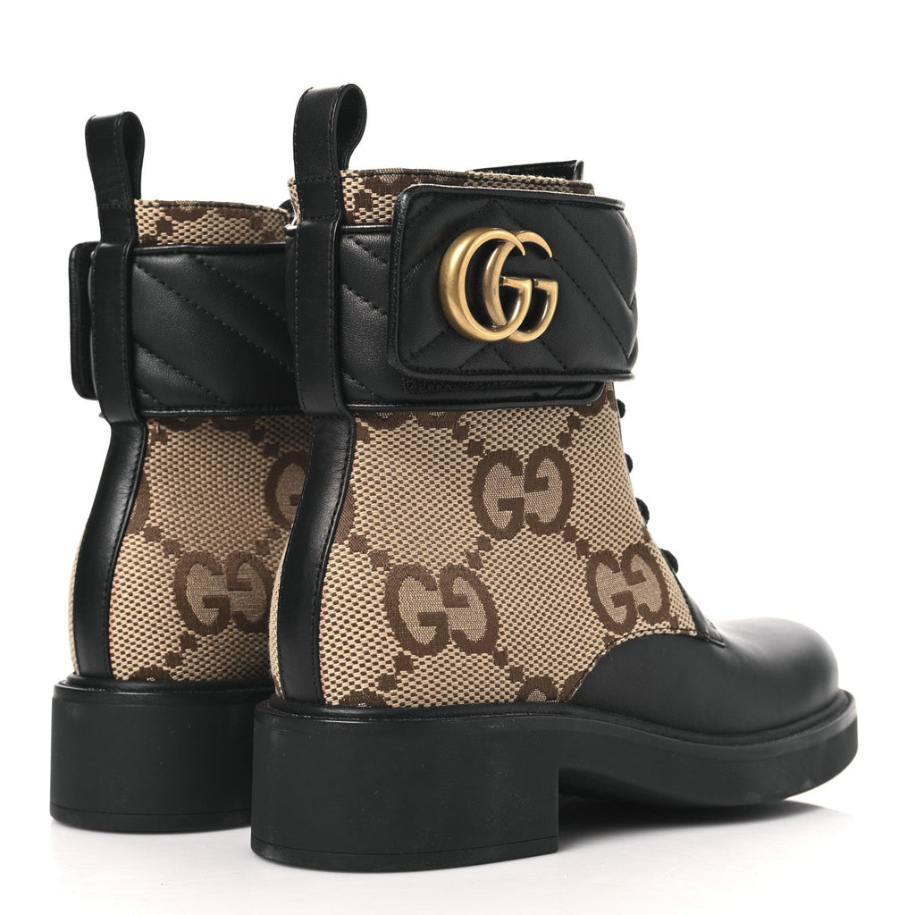 Gucci Flores Calfskin Monogram Maxi GG Nappa Matelasse Double G 40mm Ankle Boots 35.5 Black Camel Ebony