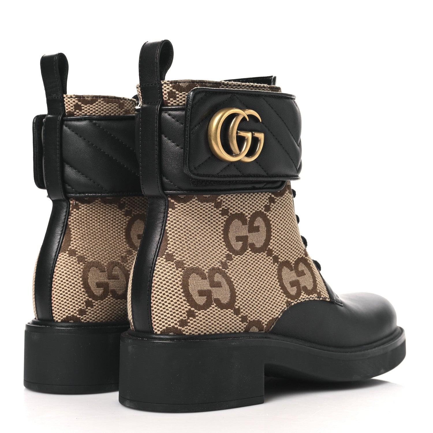 Gucci Flores Calfskin Monogram Maxi GG Nappa Matelasse Double G 40mm Ankle Boots 35.5 Black Camel Ebony