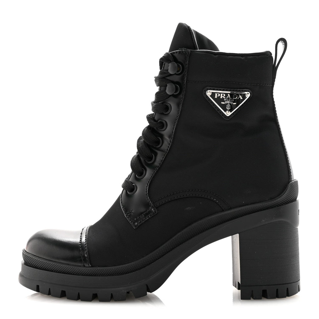 Prada Spazzolato Re-Nylon Metal Triangle Logo Lace Up 85mm Ankle Boots 39 Black