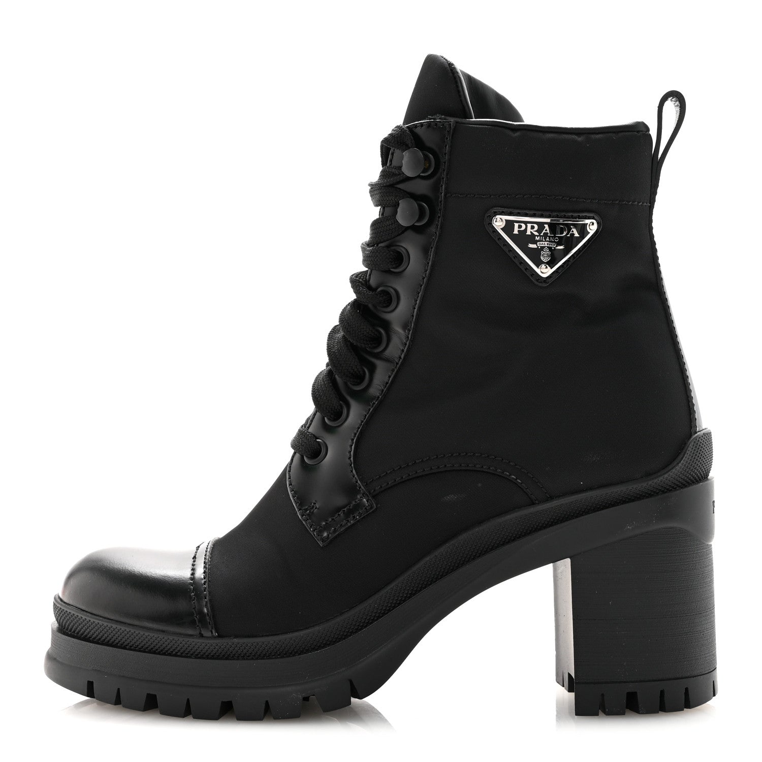 Prada Spazzolato Re-Nylon Metal Triangle Logo Lace Up 85mm Ankle Boots 39 Black