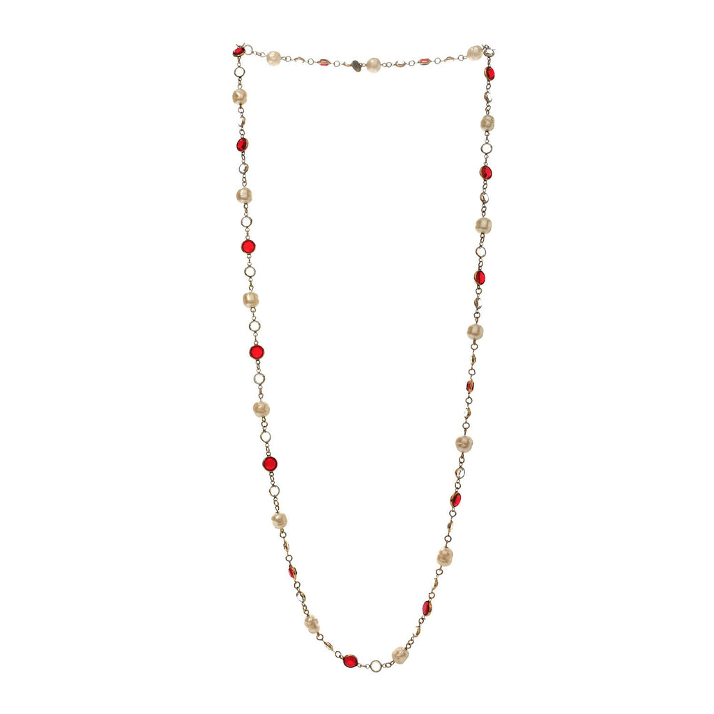 Chanel Crystal Pearl Chicklet Sautoir Necklace Red Gold