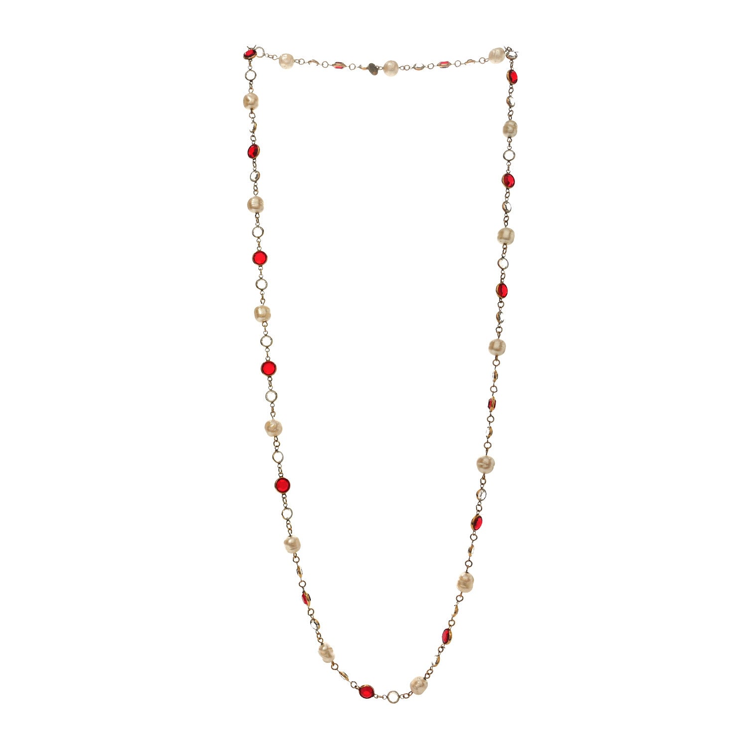 Chanel Crystal Pearl Chicklet Sautoir Necklace Red Gold