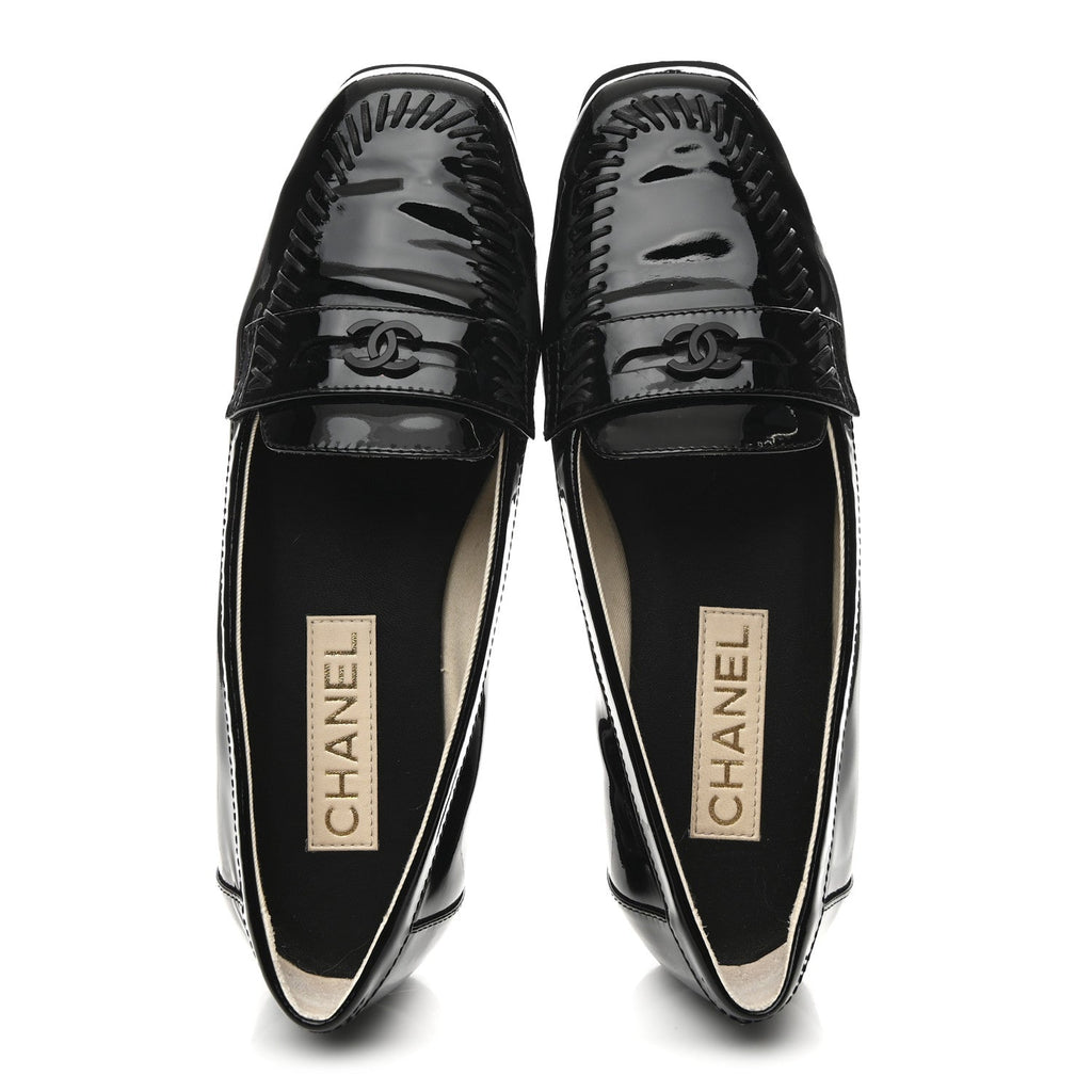 Chanel Patent CC Mocassin Loafers 38 Black